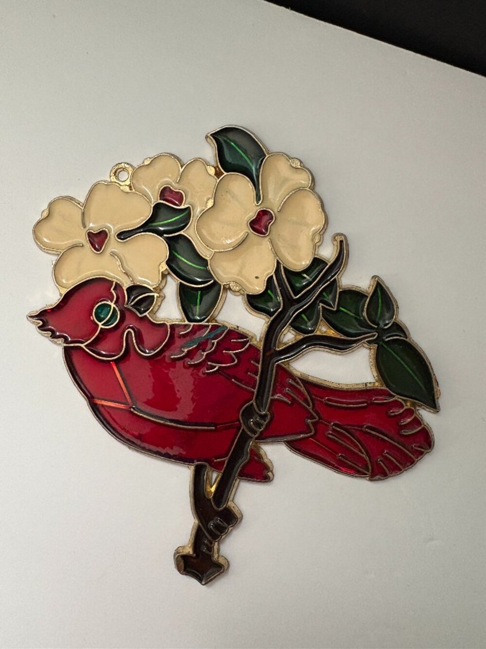 Vintage Red Cardinal Bird and Dogwood-Stained Glass Suncatcher